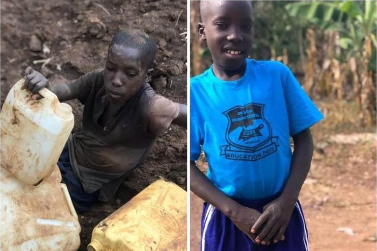 Before and after: a boy fetching water from a muddy hole, and the same boy smiling in his school T-shirt